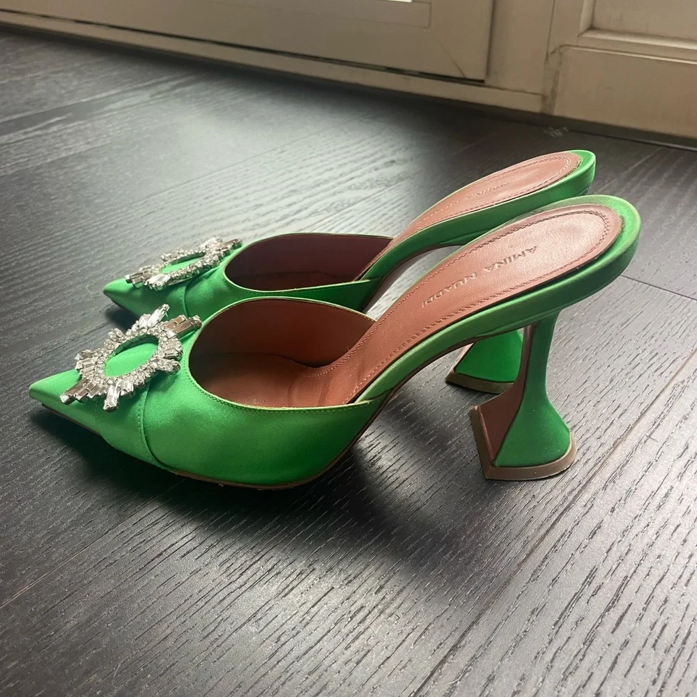 Amina Muaddi Begum Green “Frog” Satin Martini Heels 95mm Sz 38.5 - Picture 2 of 10